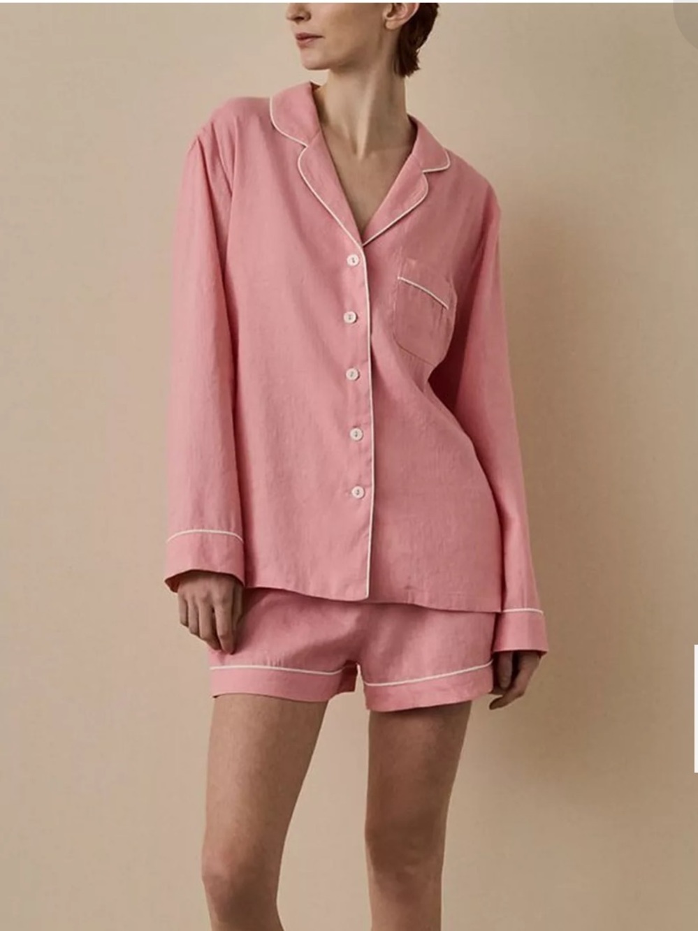 Piglet in Bed Linen Blend Pyjama long sleeve shirt Shorts Set in Pink Bloom S